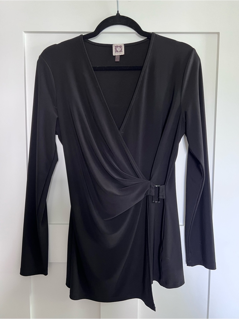 Anne Klein Black Long-Sleeve Wrap Blouse with Buckle